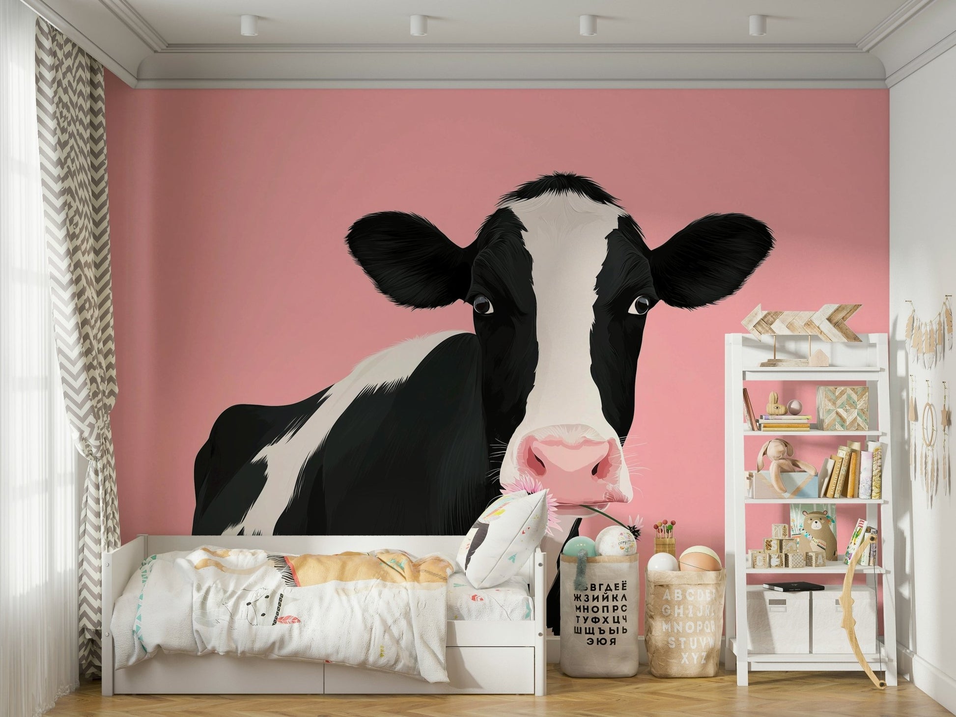 A tasteful cow and blossom wall mural for a child's room.

