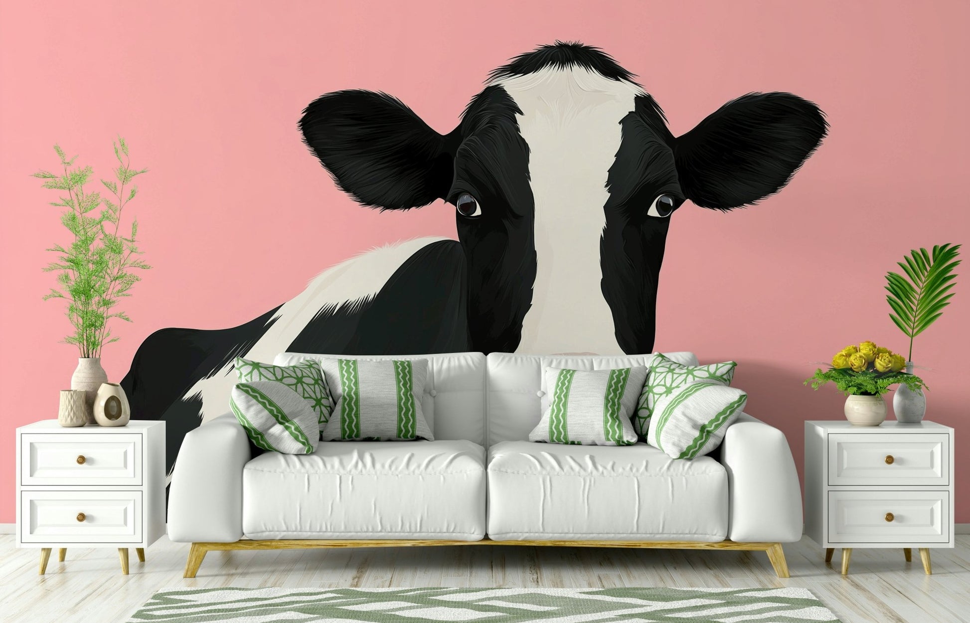 A classic nursery wallpaper for walls with cow pattern.

