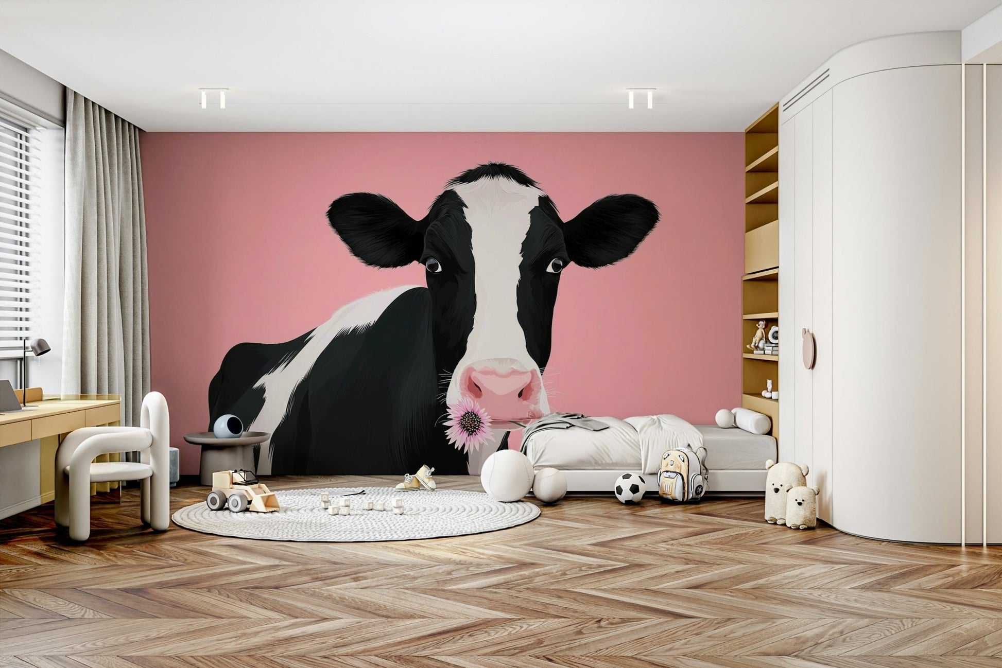 A graceful cow with blossoms wall mural in soft tones.

