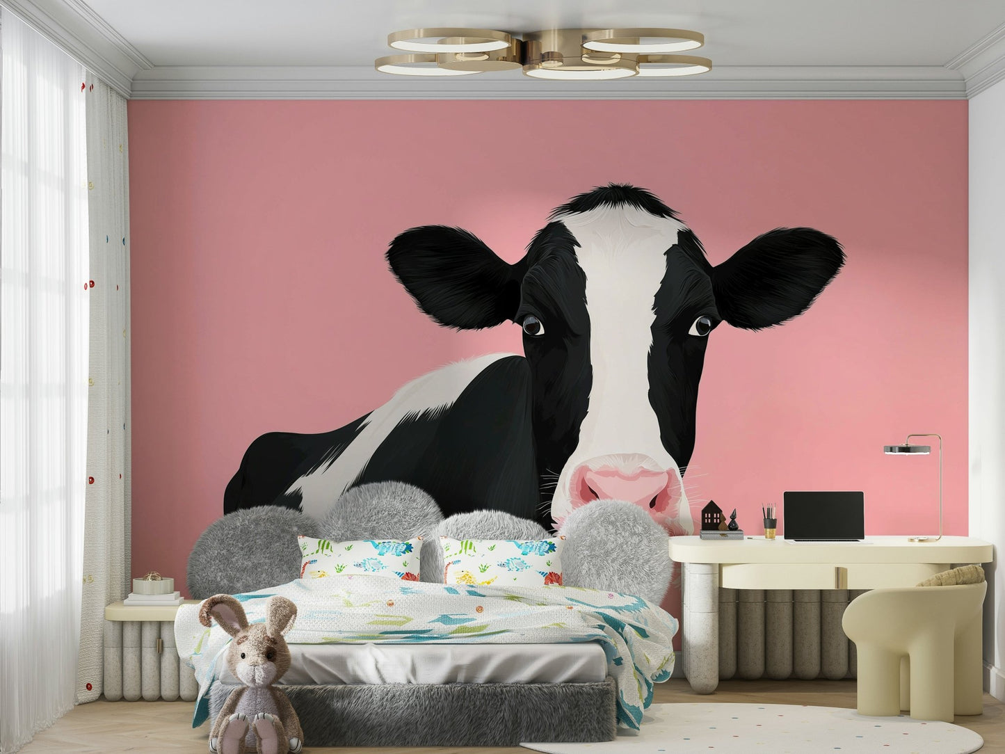 An artistic whimsical cow mural for home decor.

