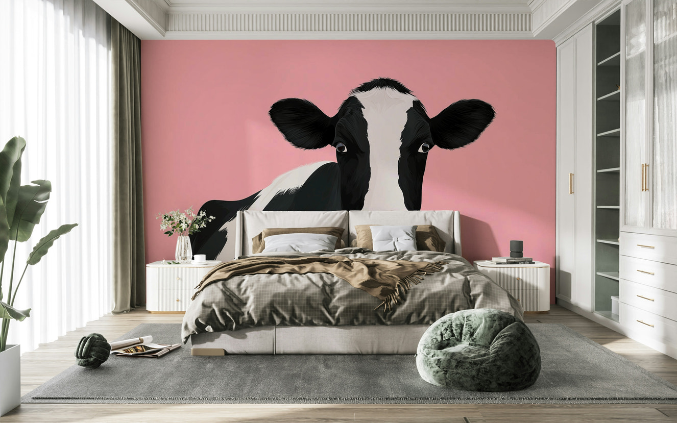 A beautiful charming cow wallpaper mural with floral details.

