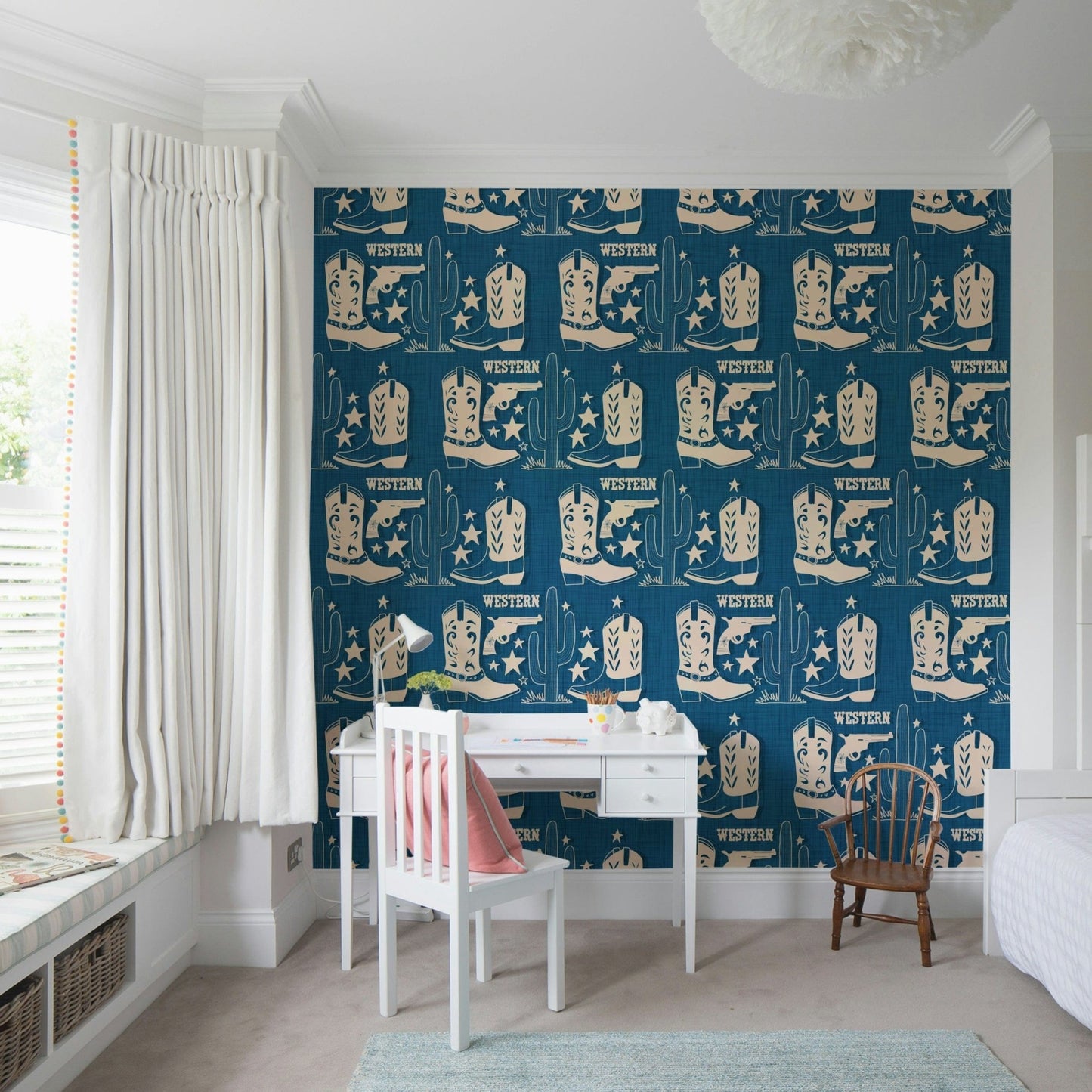 Blue and white illustration of the Cowboy Dreams Wallpaper print., GD6618