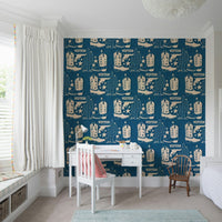 Blue and white illustration of the Cowboy Dreams Wallpaper print., GD6618