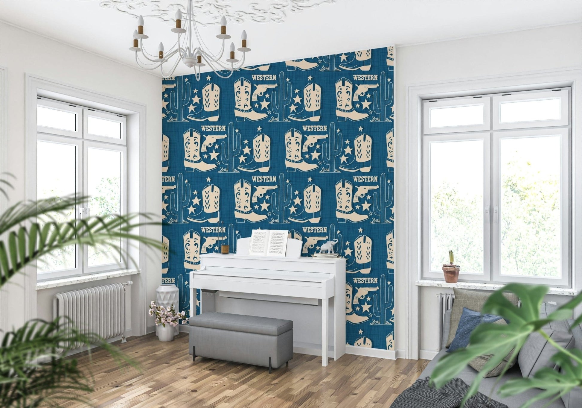 Contemporary room styled with the Cowboy Dreams Wallpaper., GD6618