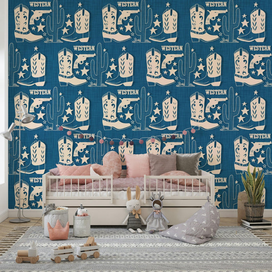 Western cowboy boots print on Cowboy Dreams Wallpaper decor.