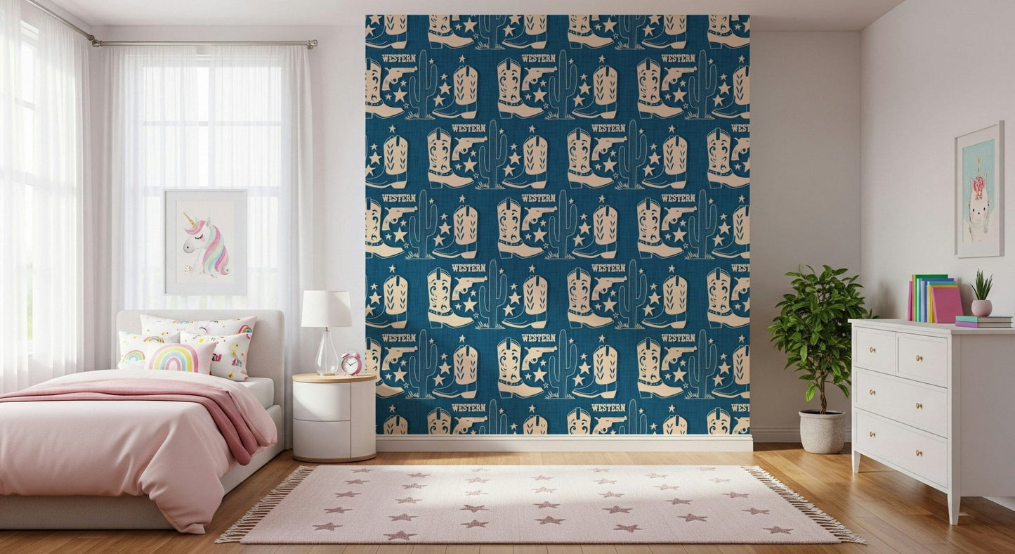 Interior featuring the thematic Cowboy Dreams Wallpaper in a playroom., GD6618