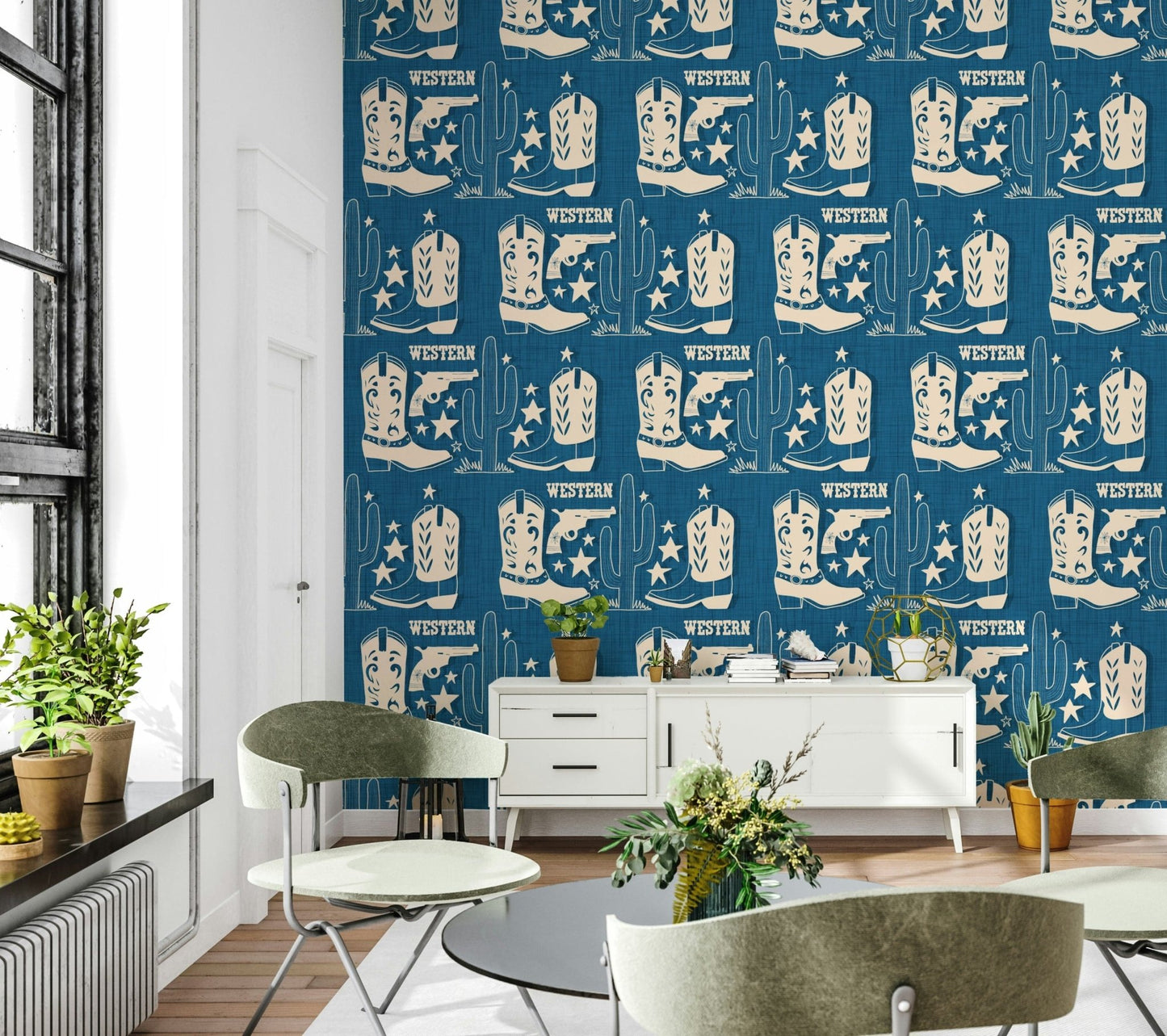Vibrant blue color on Cowboy Dreams Wallpaper mural., GD6618