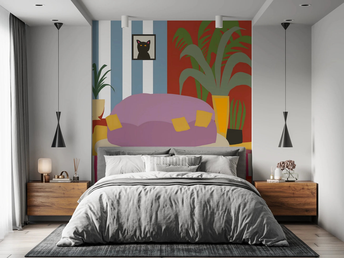 Contemporary cat lifestyle mural with indoor plants.