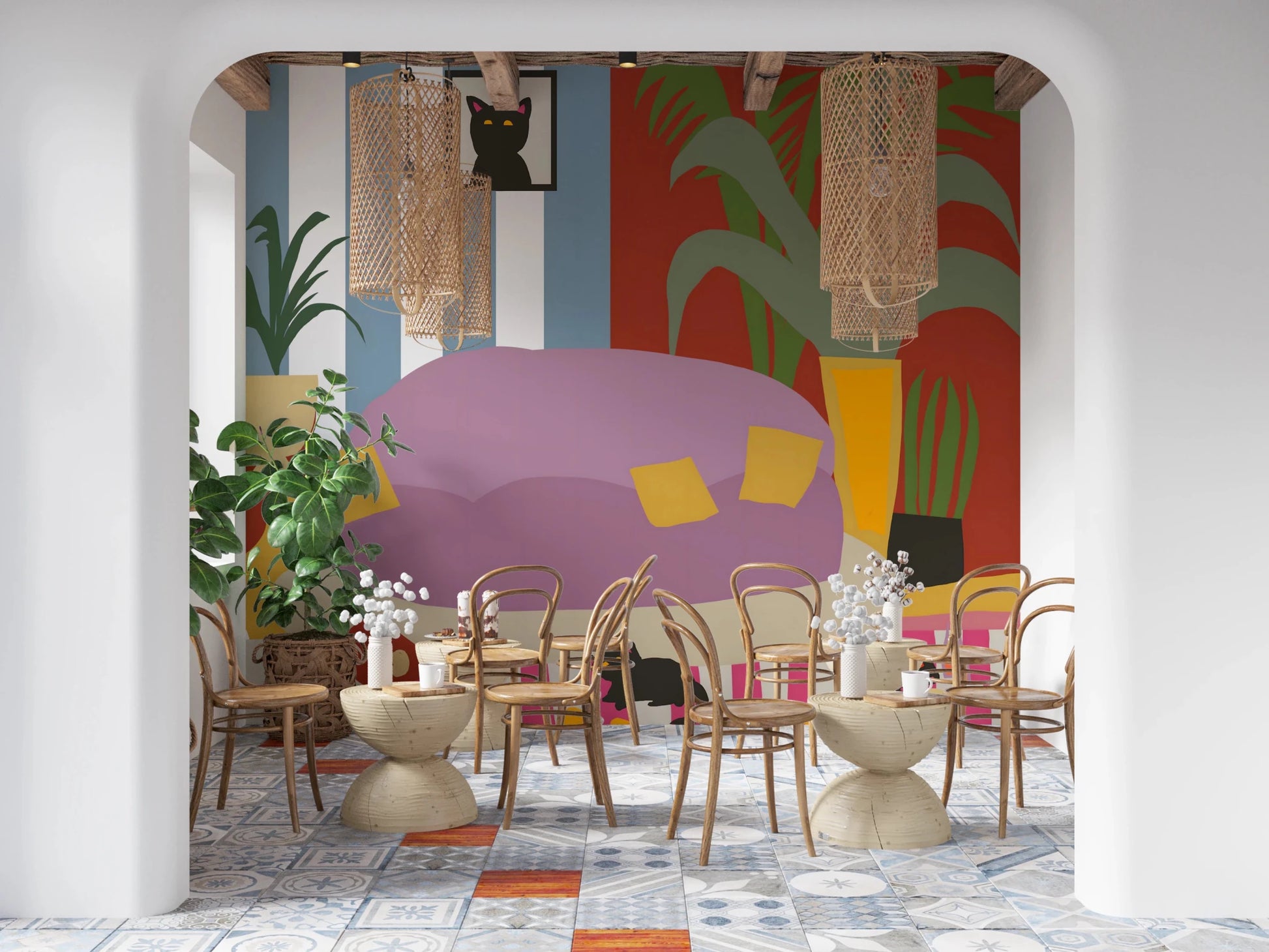 Vibrant living room scene with blue and red walls.