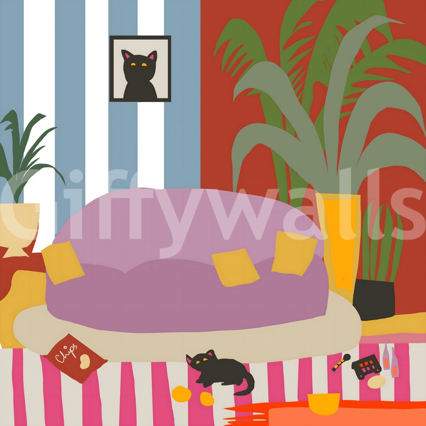 Fun living room mural with black cat and snacks.