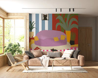 Modern cat art mural with purple sofa design.