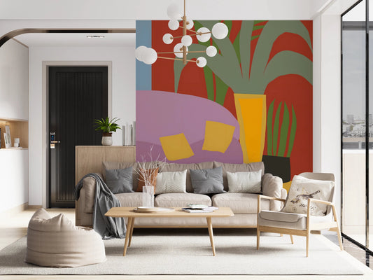 Playful black cat in a colorful living room.