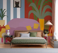 Bold red and blue striped room mural with cats.