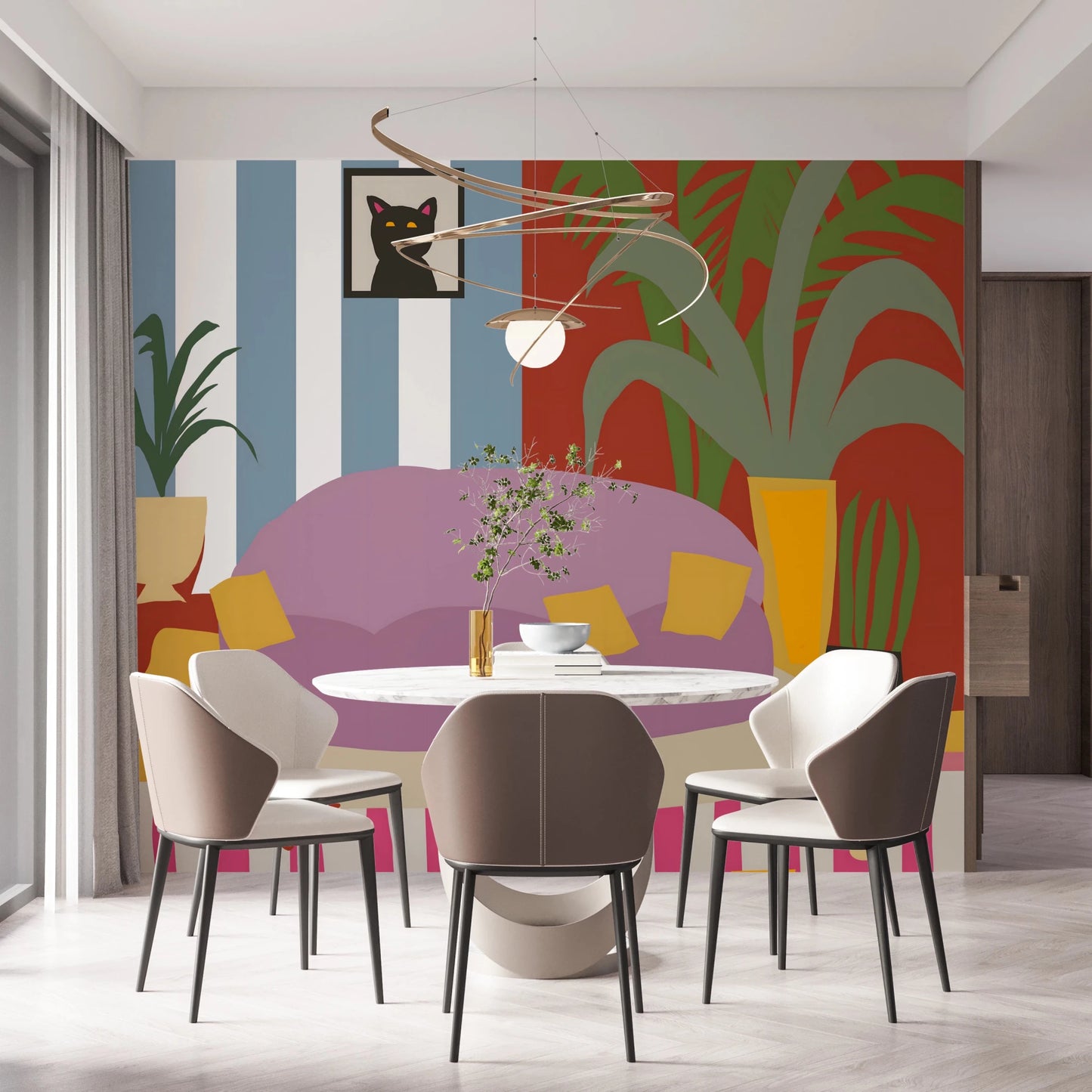 Flat art style mural of a cat on a striped rug.
