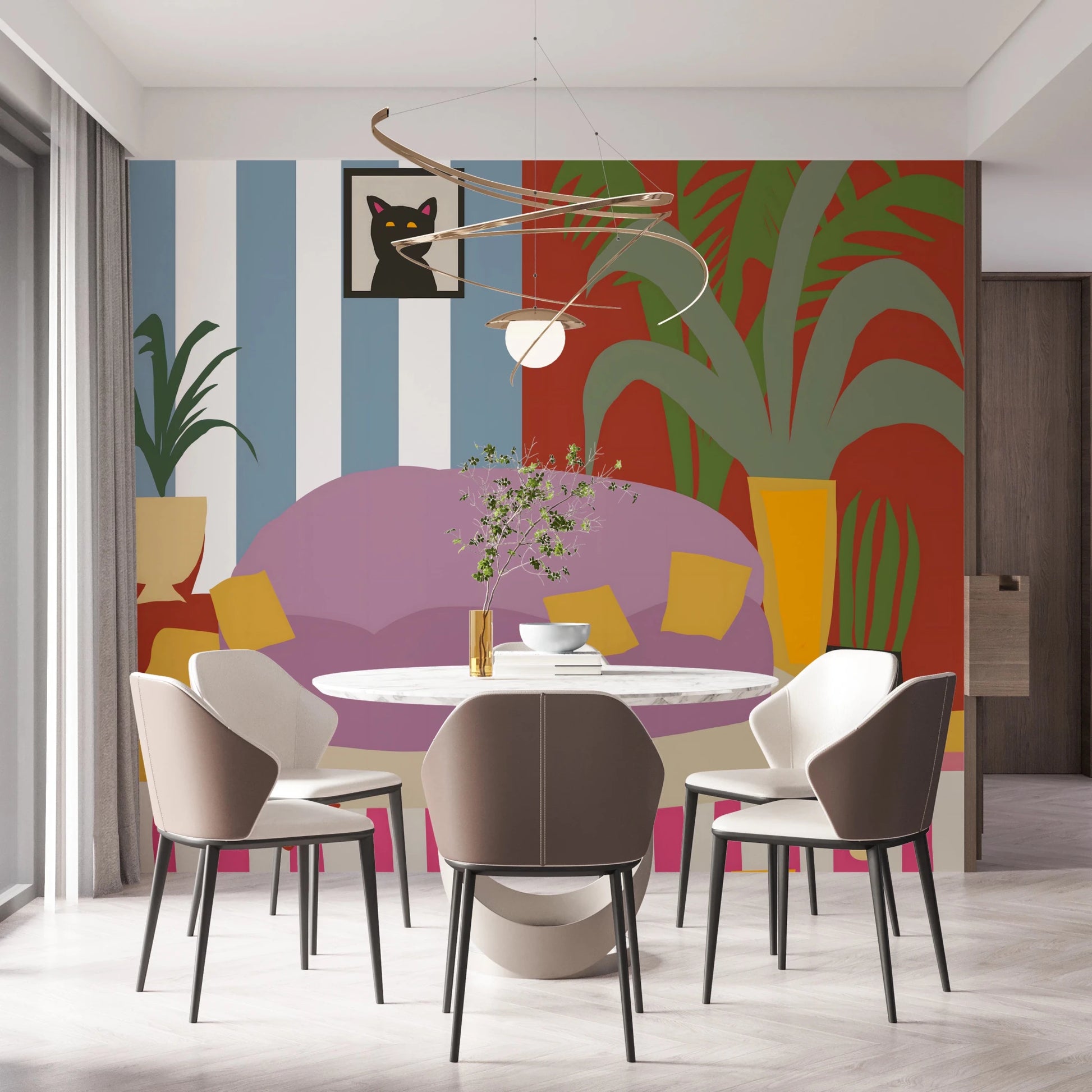 Flat art style mural of a cat on a striped rug.