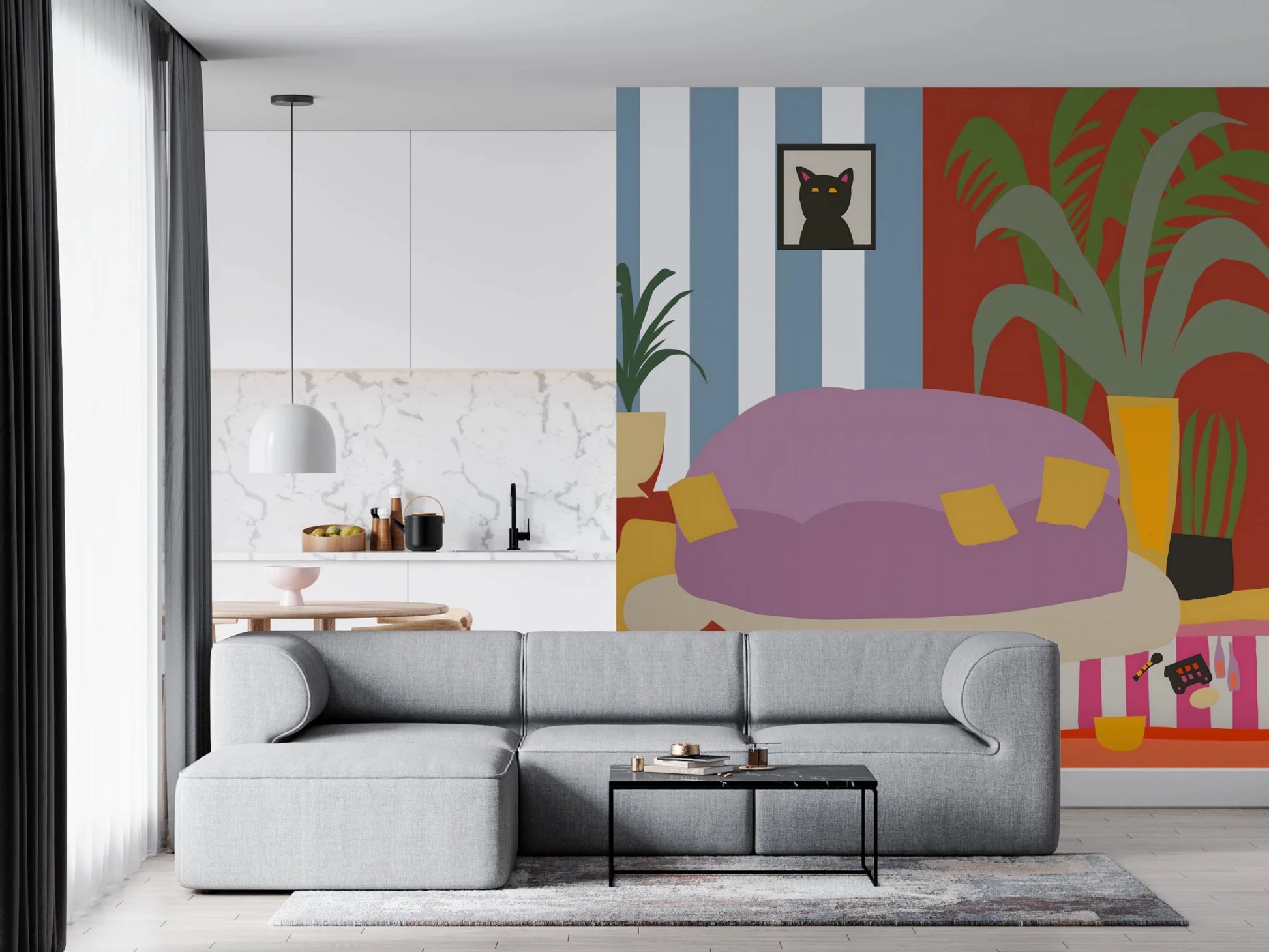 Abstract striped wall mural with cats and plants.