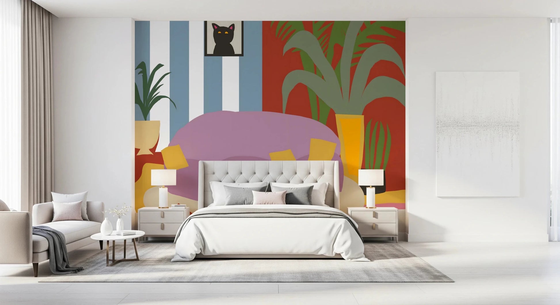 Whimsical feline decor featuring a cozy lounge.