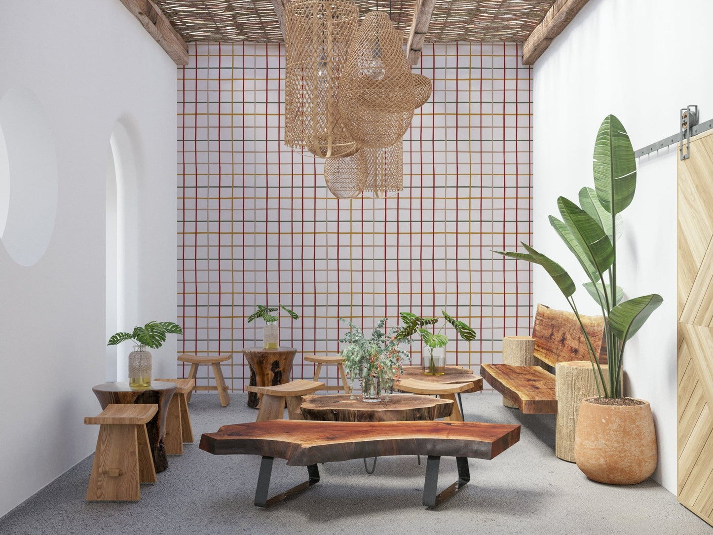 Bedroom feature wall with Cozy Checkered Warmth Wallpaper.