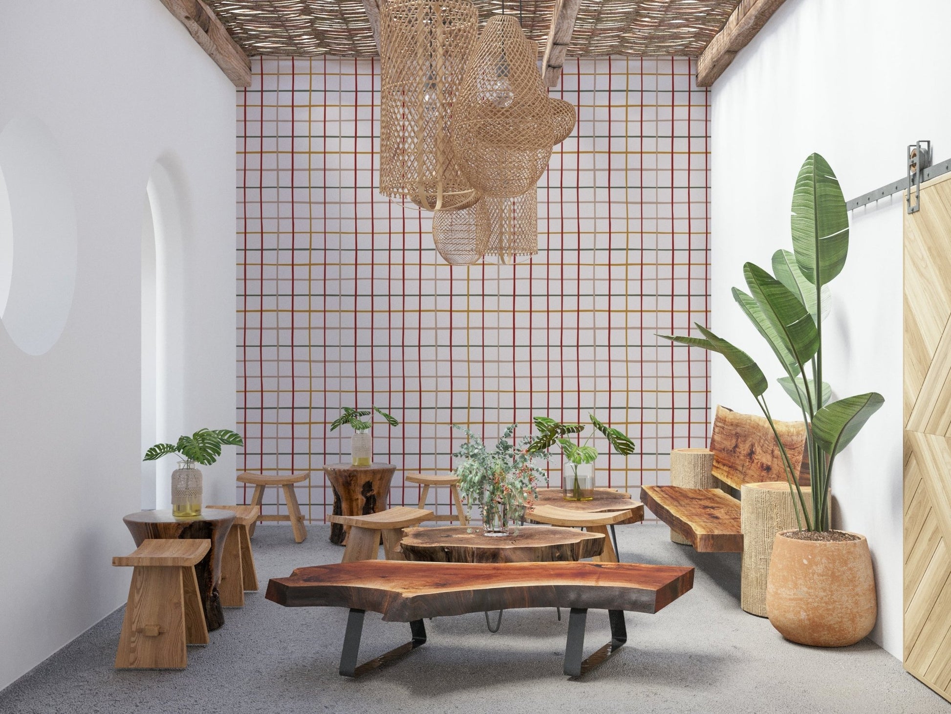 Bedroom feature wall with Cozy Checkered Warmth Wallpaper.