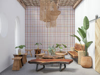 Bedroom feature wall with Cozy Checkered Warmth Wallpaper.