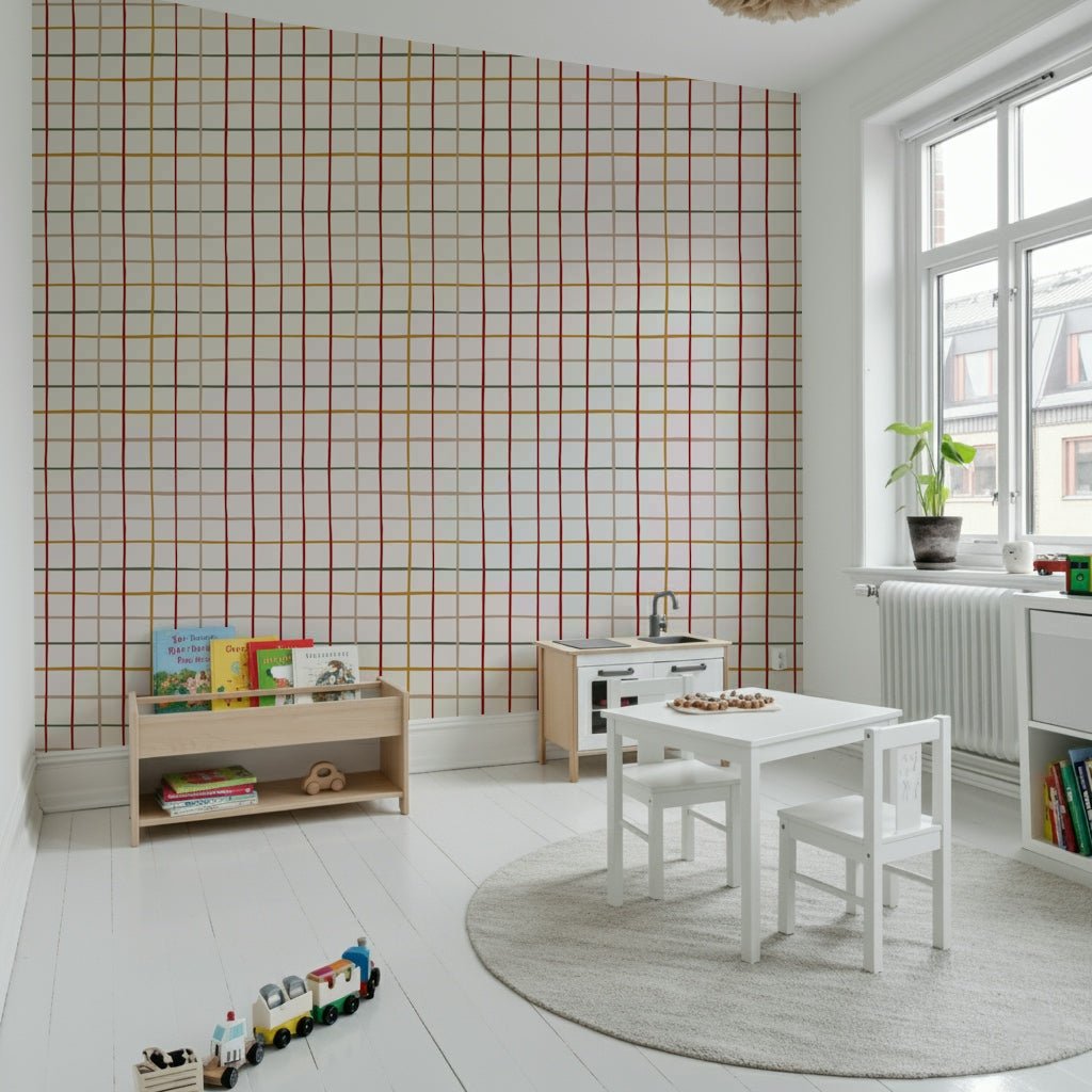 Cozy Checkered Warmth Wallpaper pattern for children's spaces.
