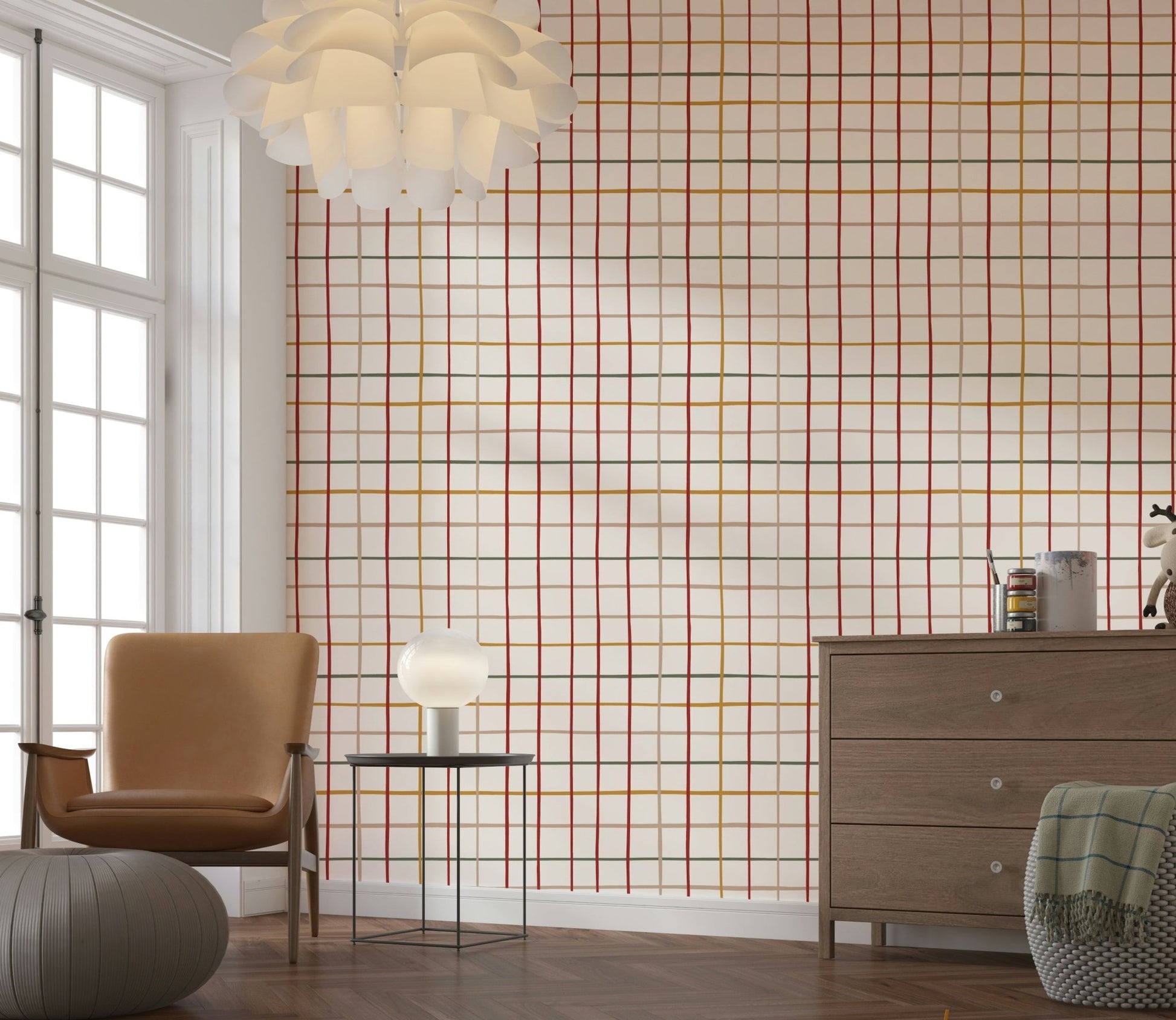 Crossing grid lines on Cozy Checkered Warmth Wallpaper surface.