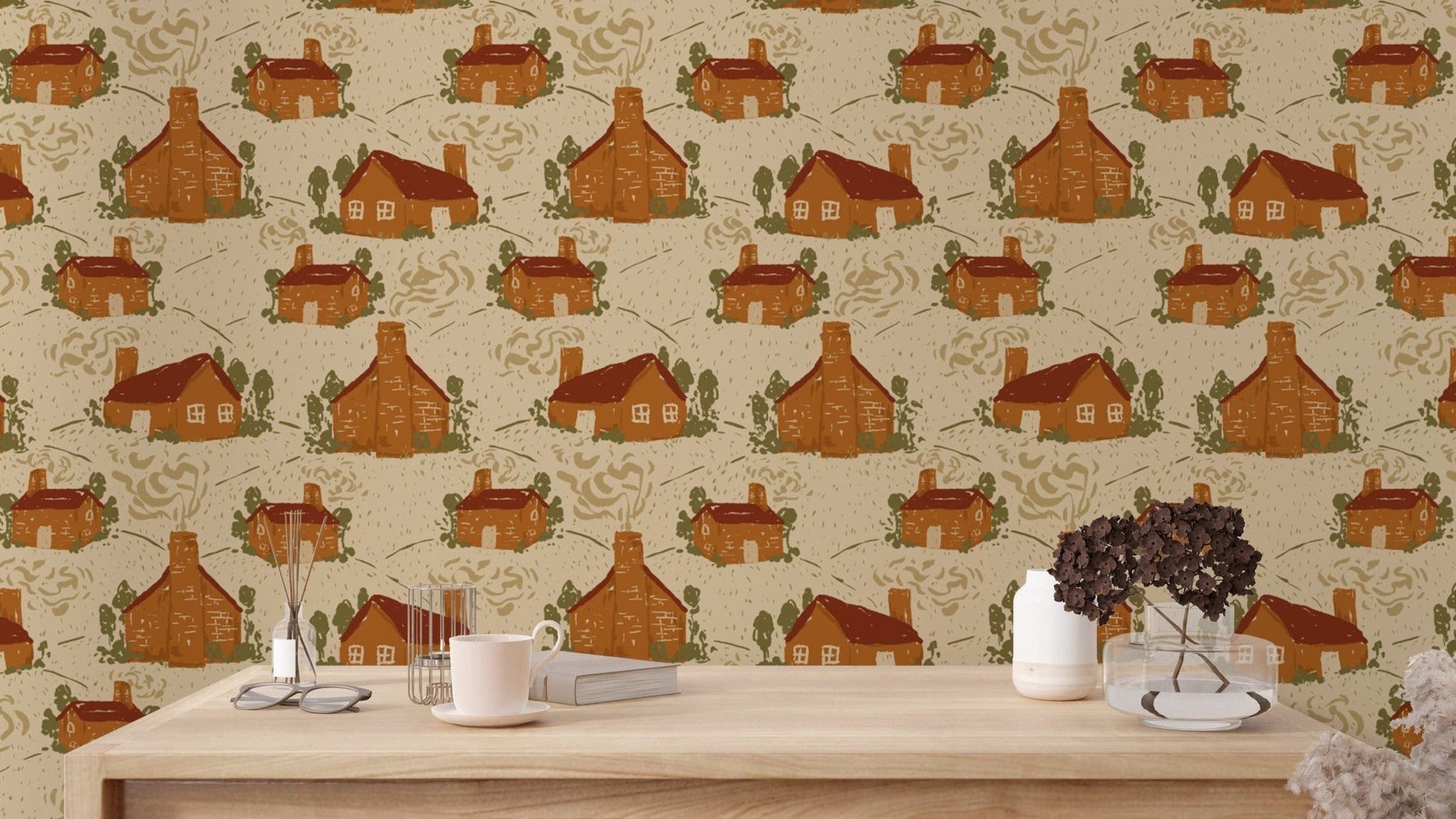 Cozy cottages wallpaper mural for a nostalgic, storybook charm.
