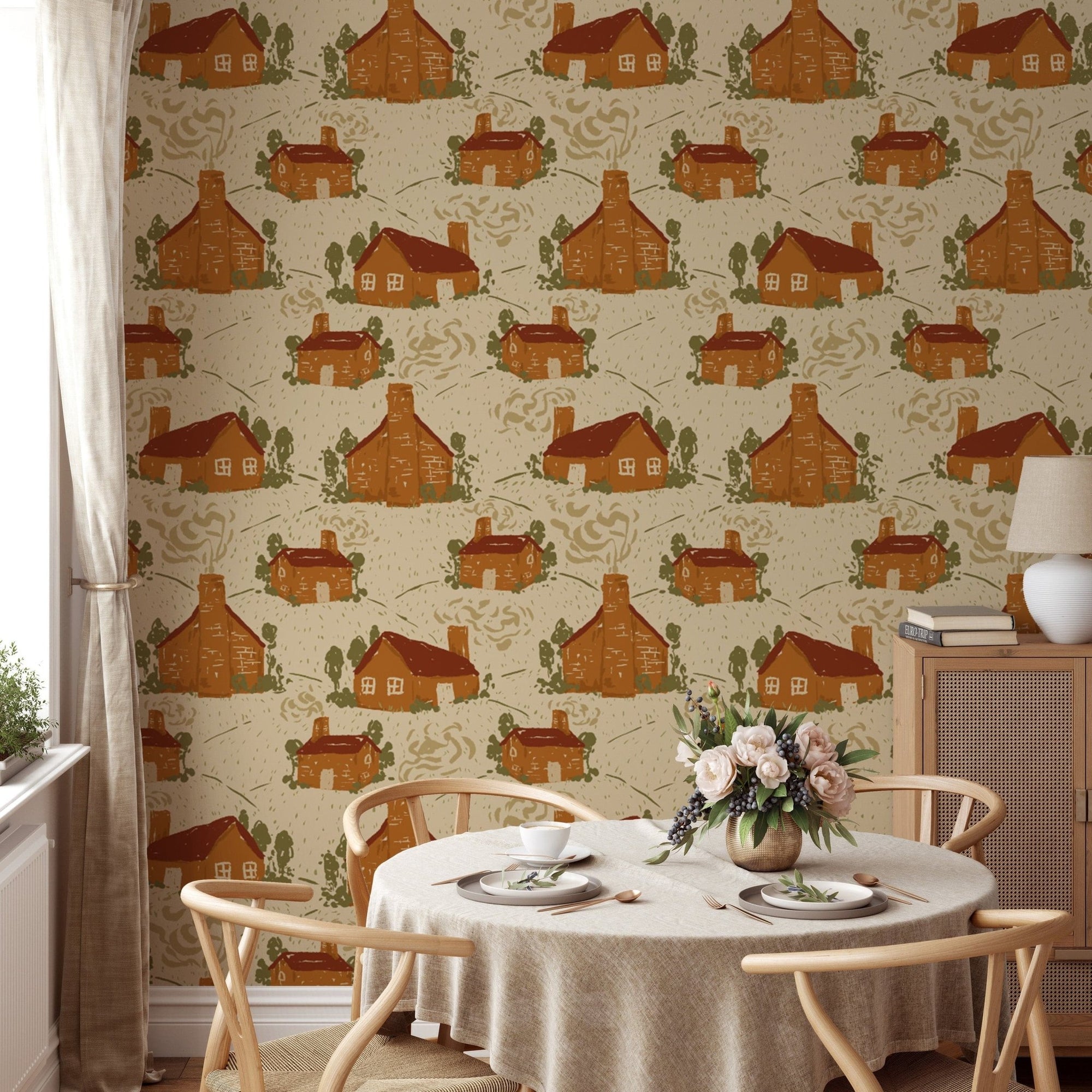Charming cozy cottages wallpaper mural for rustic interiors. RNM21
