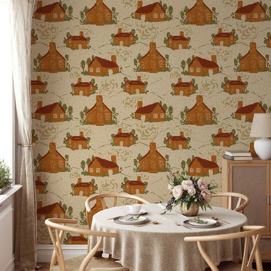 Charming cozy cottages wallpaper mural for rustic interiors. RNM21
