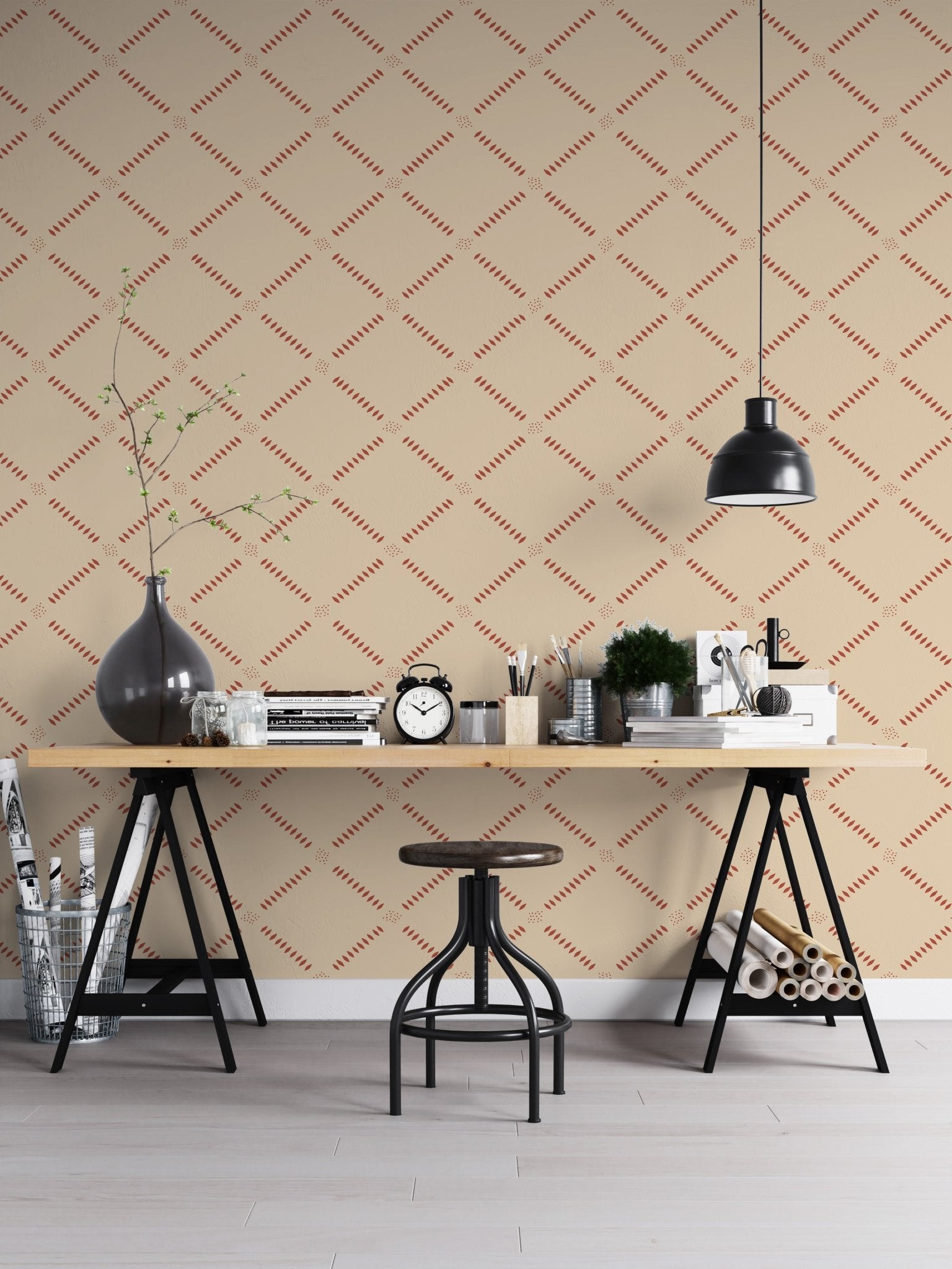 Diagonal diamond shapes on beige wall

