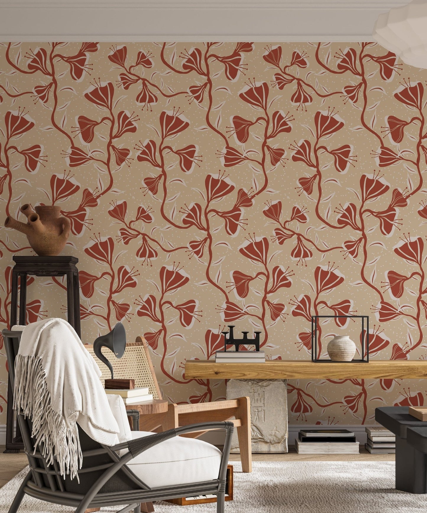 Beige wall with blooming vines print


