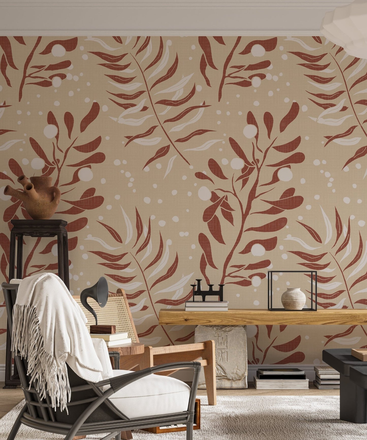 Soft beige palm leaf wallpaper

