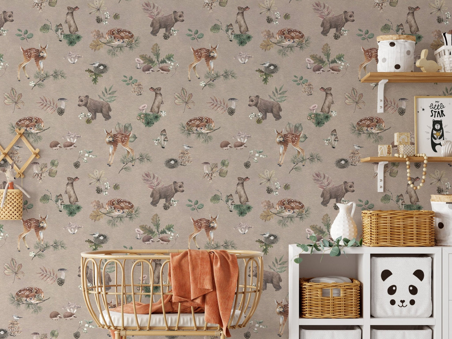 Woodland baby animals wallpaper in mocha
