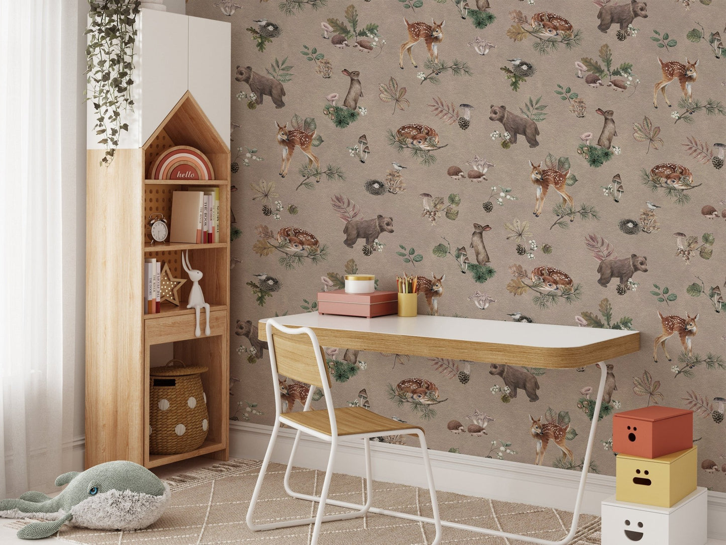 Woodland creatures mocha wallpaper theme
