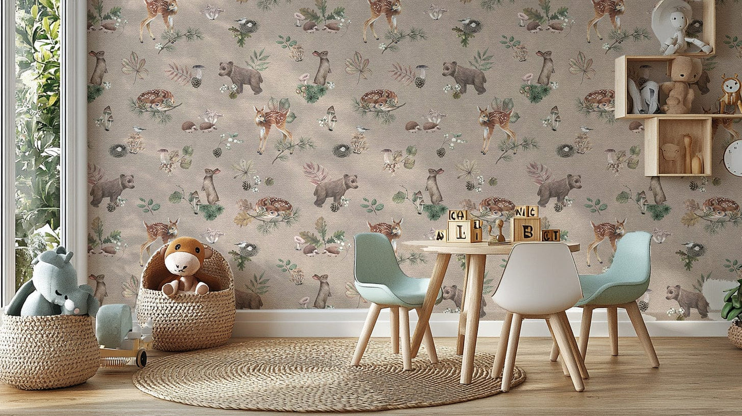 Cozy mocha baby animal nursery wallpaper
