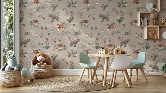 Cozy mocha baby animal nursery wallpaper KB97
