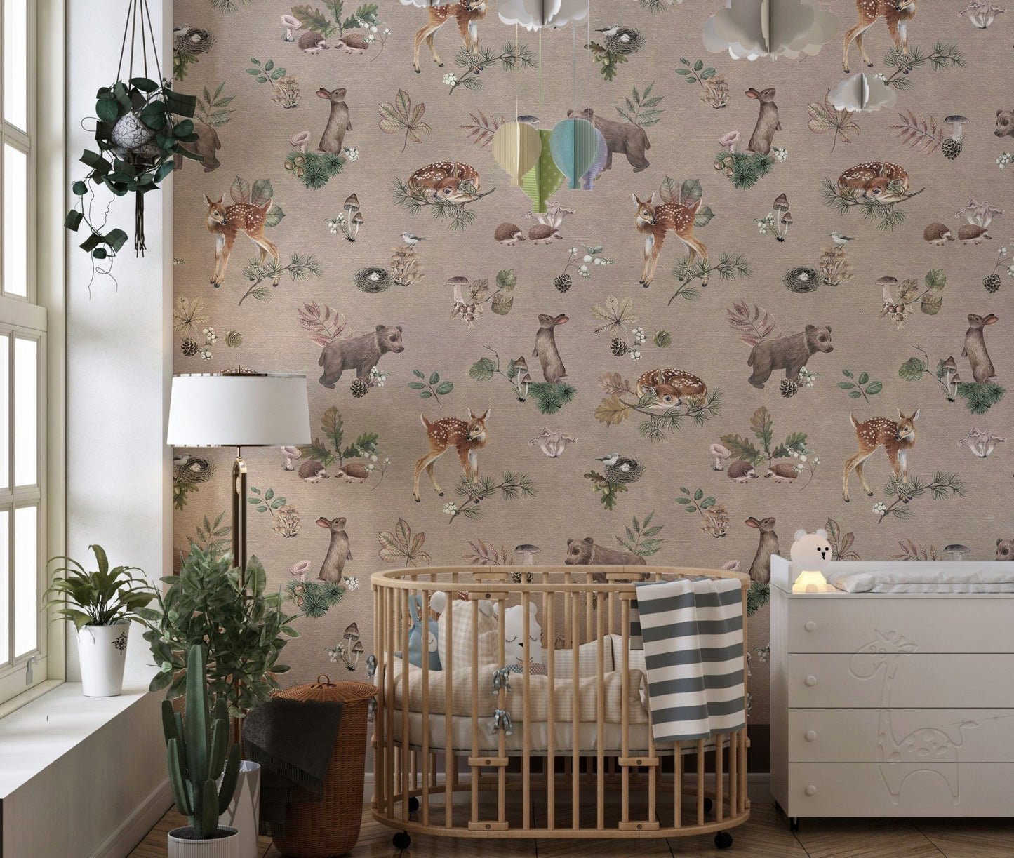 Soft brown wildlife wallpaper for kids room
