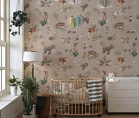 Soft brown wildlife wallpaper for kids room
