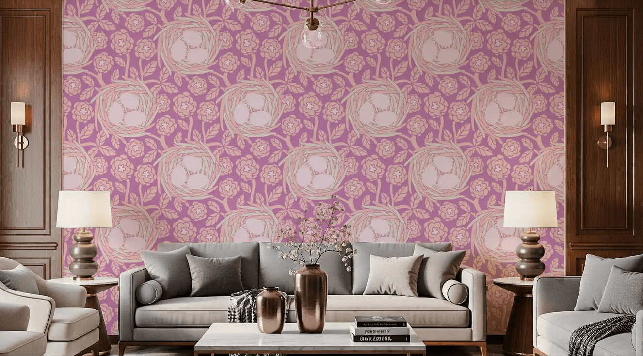 Living room Cozy Nest wallpaper blush floral egg pattern look
