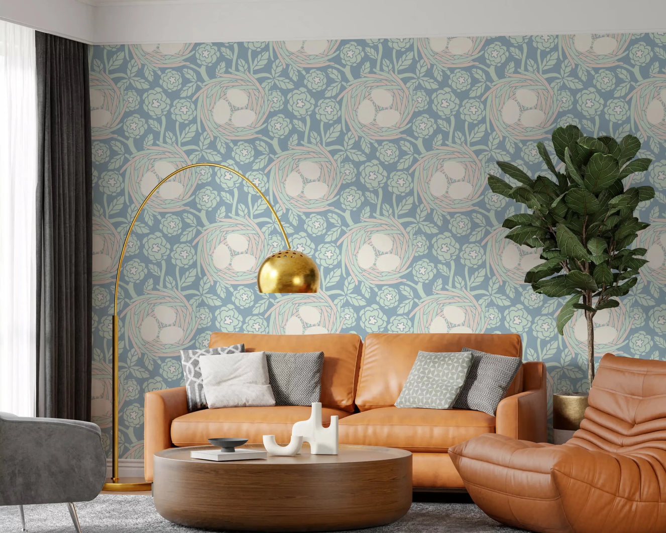 Living room Cozy Nest mint blue wallpaper floral nest egg pattern