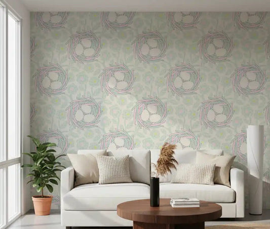 Living room styled Cozy Nest wallpaper pastel floral nest design