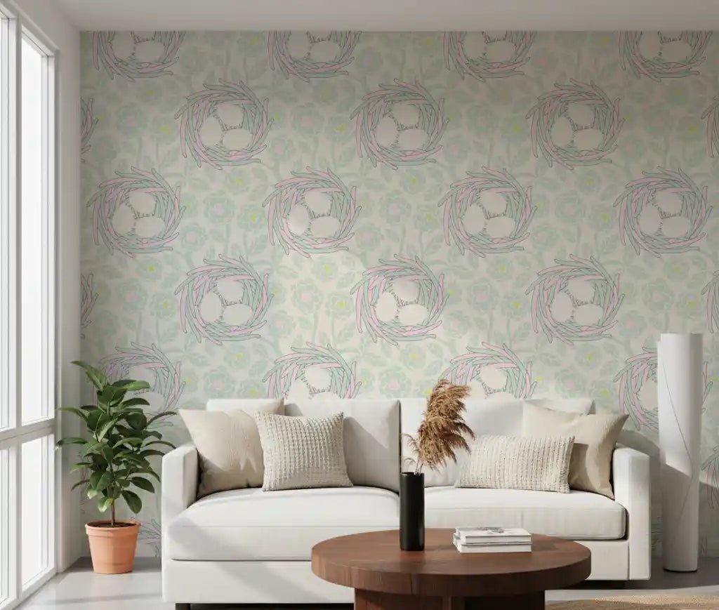 Living room styled Cozy Nest wallpaper pastel floral nest design, GD9409