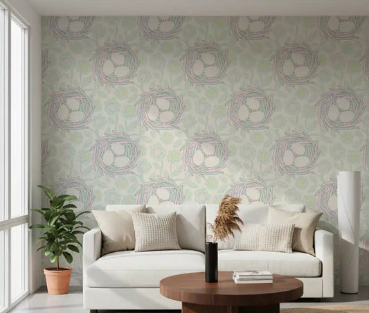 Living room styled Cozy Nest wallpaper pastel floral nest design