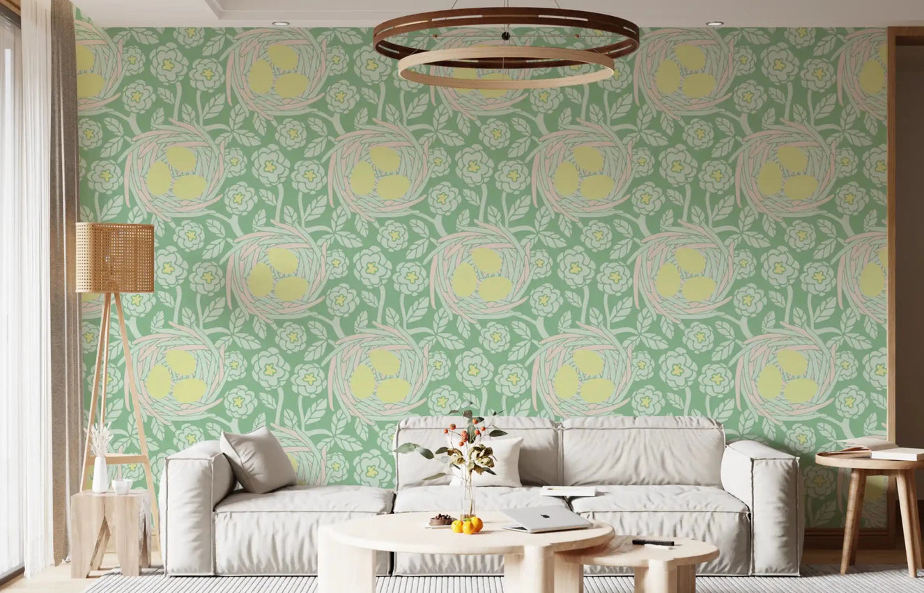Living room Cozy Nest wallpaper yellow green floral egg style