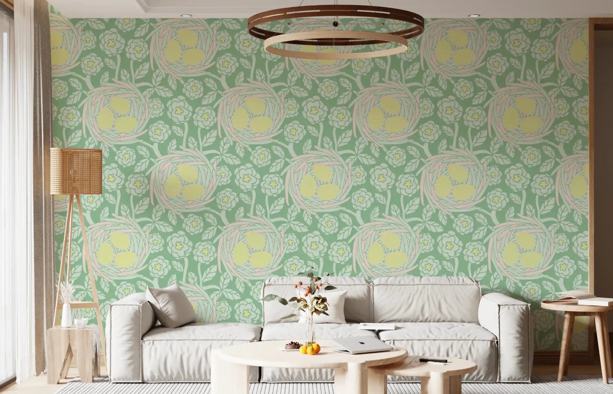Living room Cozy Nest wallpaper yellow green floral egg style, GD9411