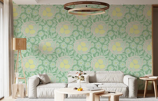 Living room Cozy Nest wallpaper yellow green floral egg style, GD9411