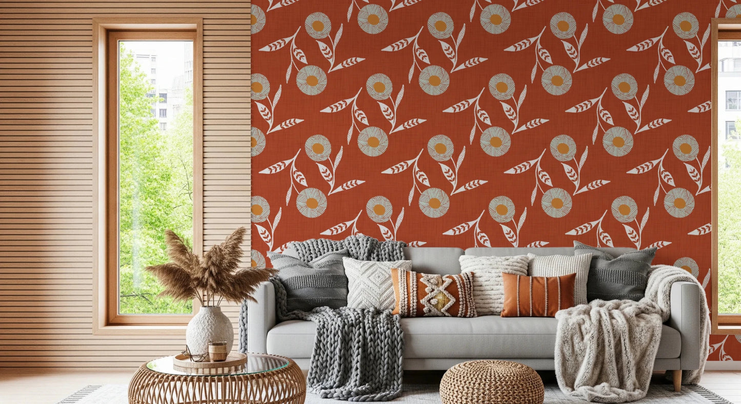 Resting corner styled with soft floral repeats and a grounded terracotta background, GD8613