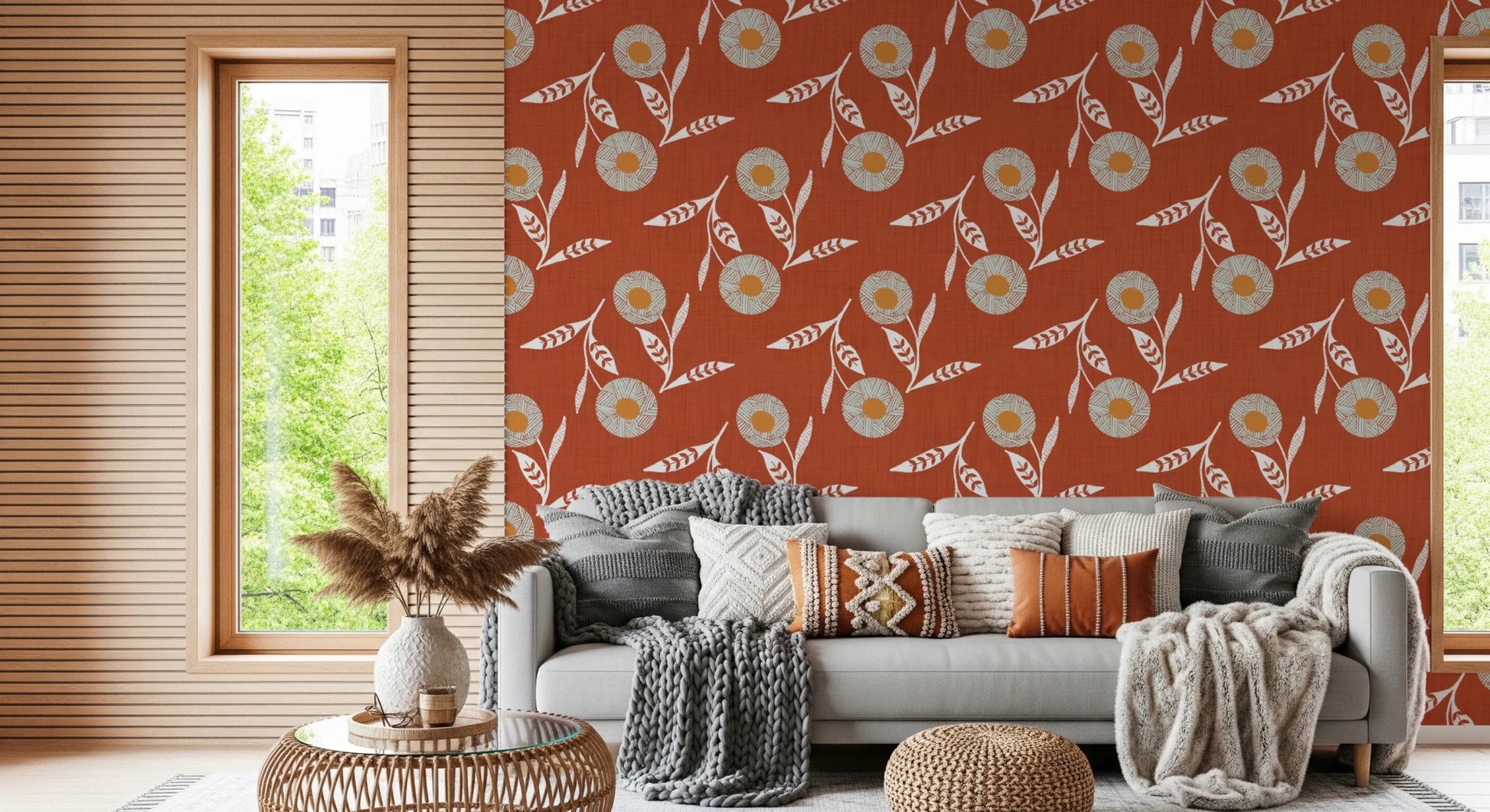 Resting corner styled with soft floral repeats and a grounded terracotta background, GD8613