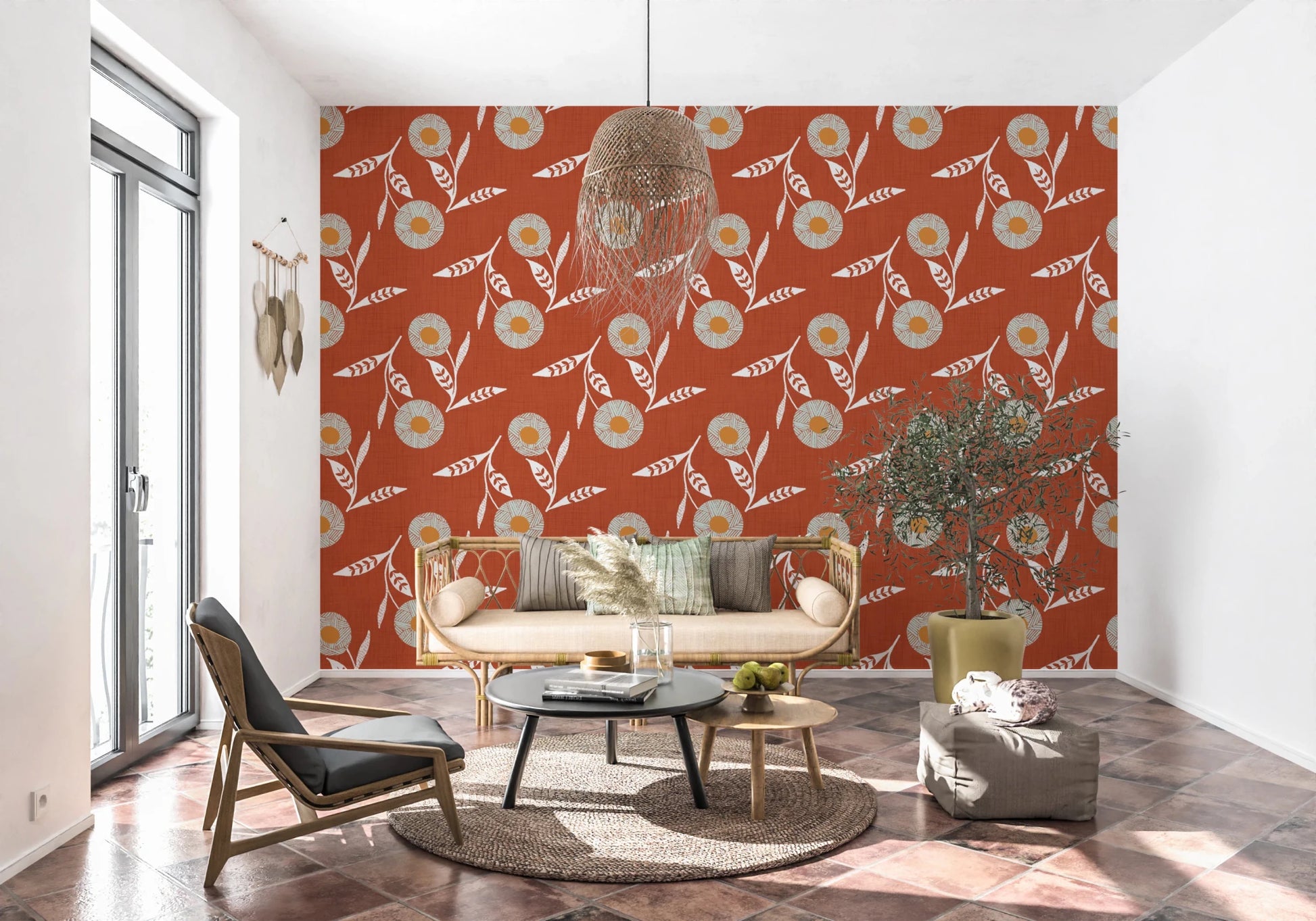 Window-side retreat lifted by burnt terracotta wallpaper and light botanical movement, GD8613