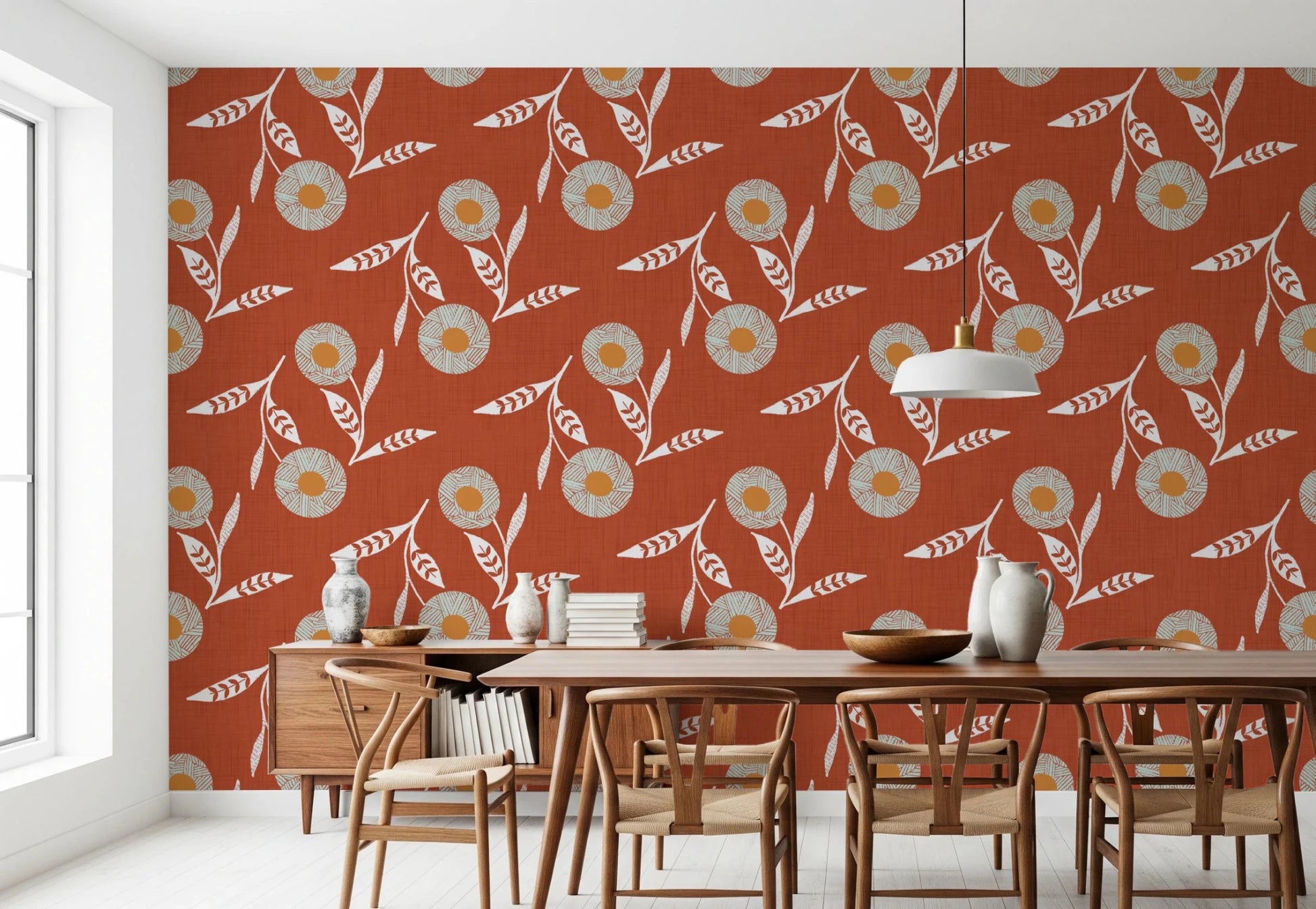 Mealtime space finished in Scandi botanical wallpaper with earthy orange flower motifs, GD8613